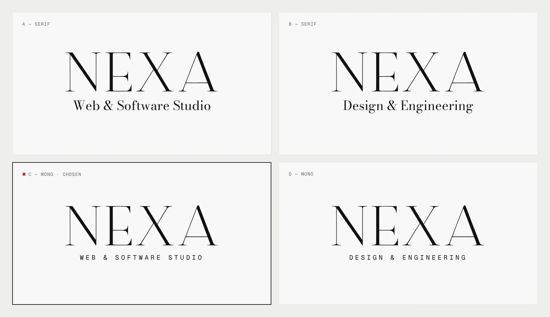Four versions of the logo with different descriptors and typefaces