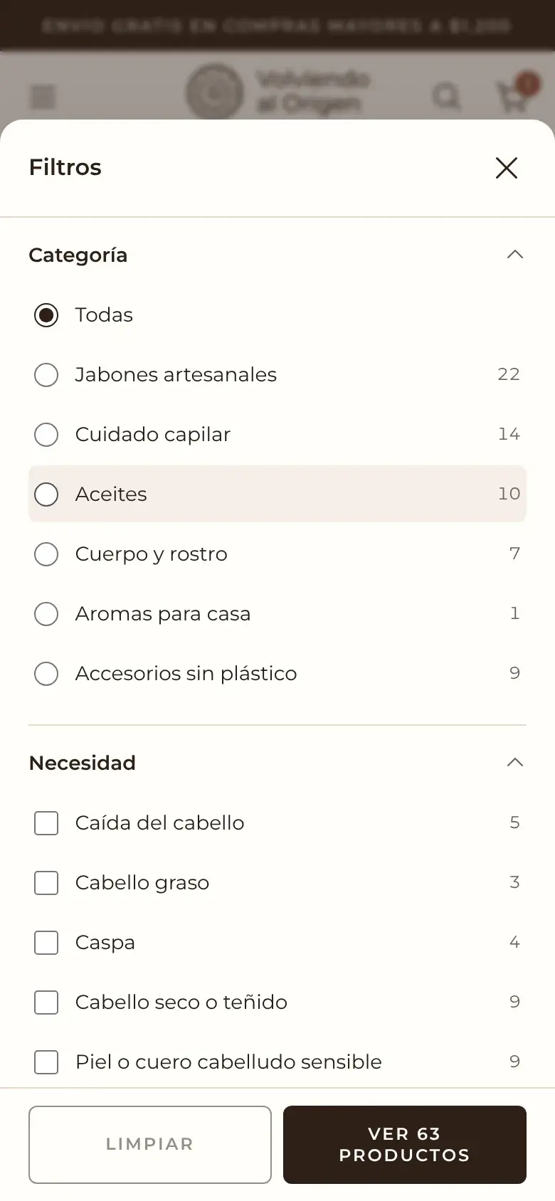Shop filters on a phone