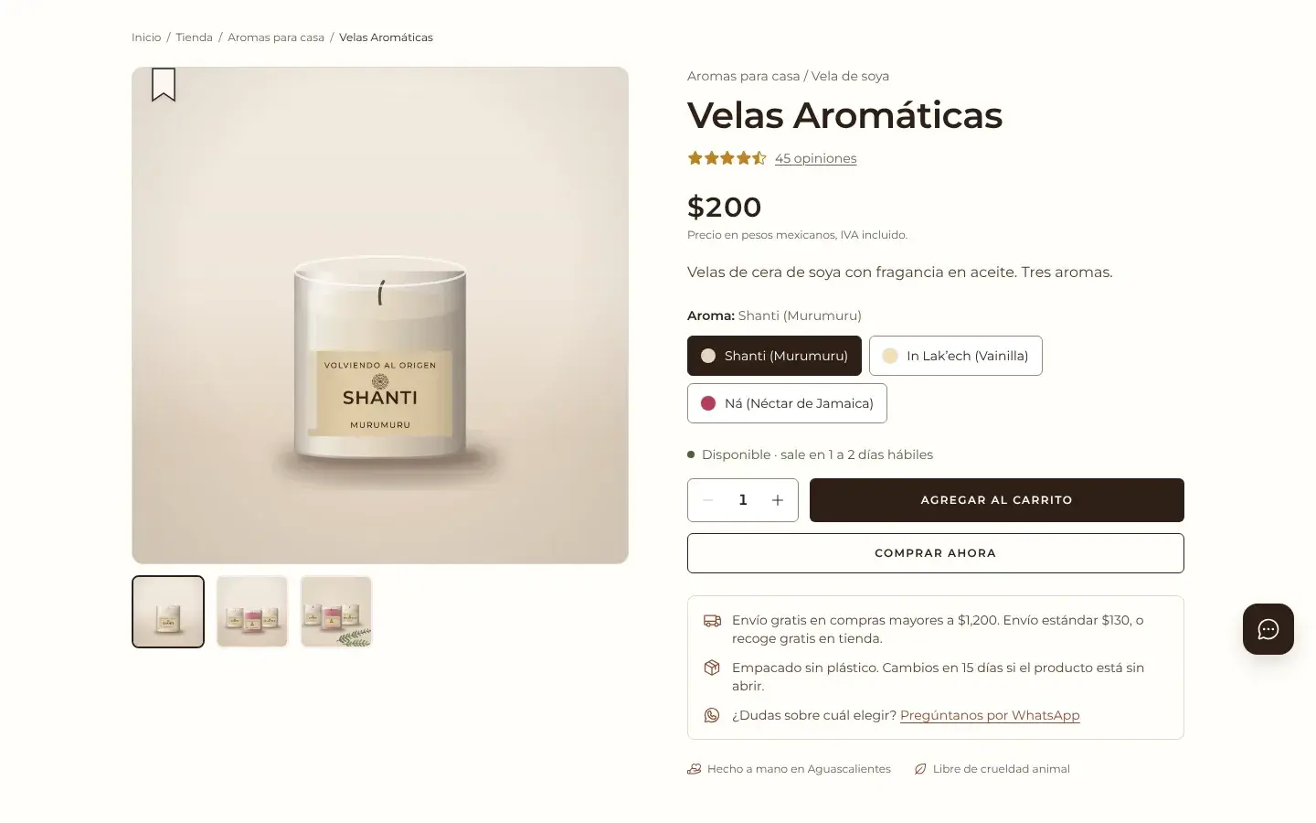 Product page for scented candles with a scent selector