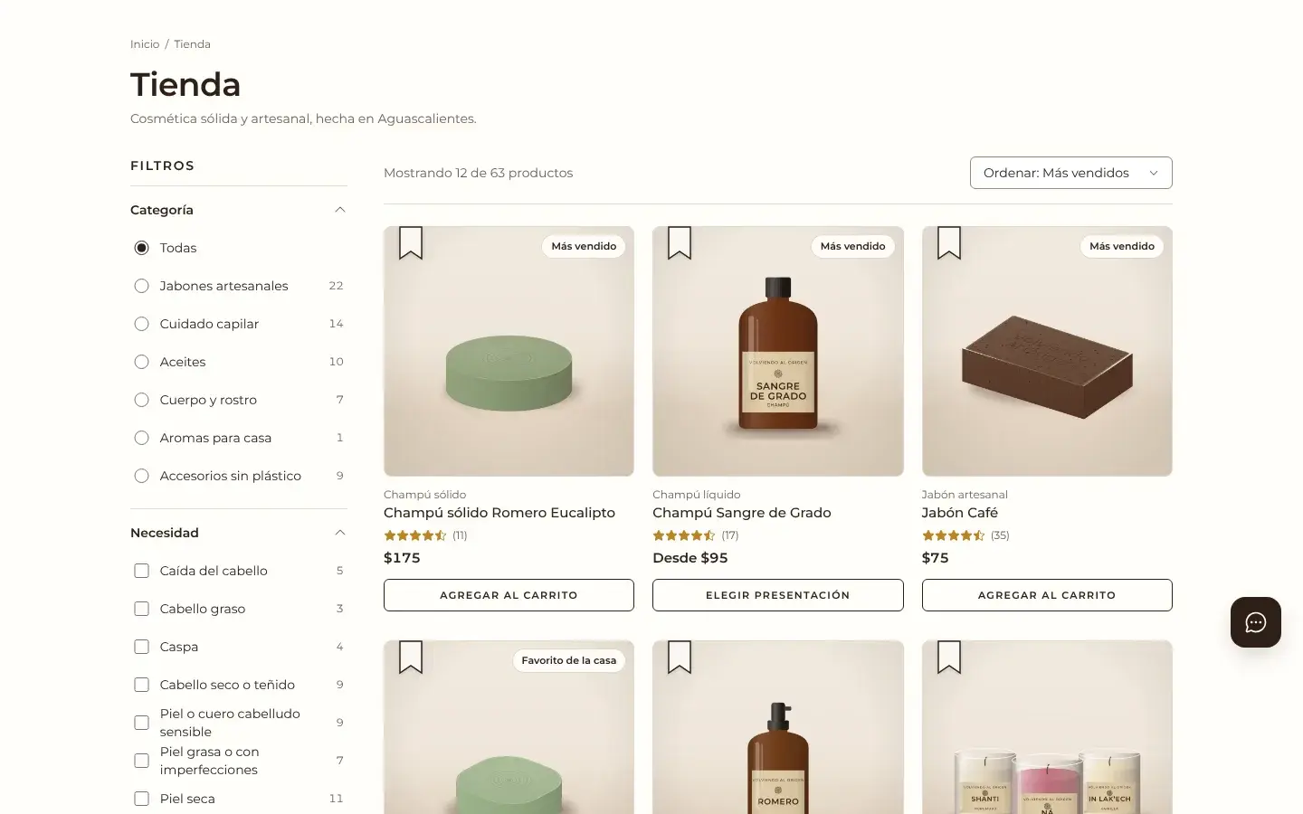 Shop page with filters in a sidebar