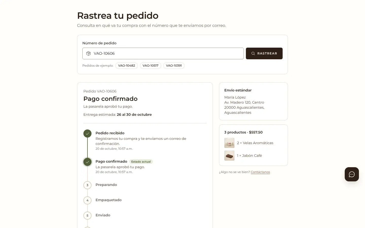 Order tracking page with a status timeline